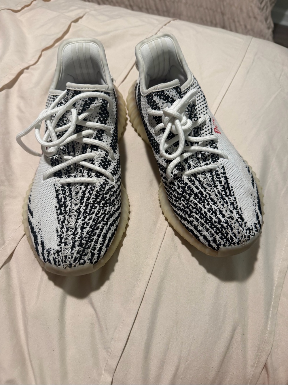 Yeezy Knit Sneakers in White, Black and Red Accent
